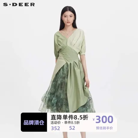 sdeer圣迪奥女装V领撞色拼接泡泡袖不规则上衣S232Z2208图片