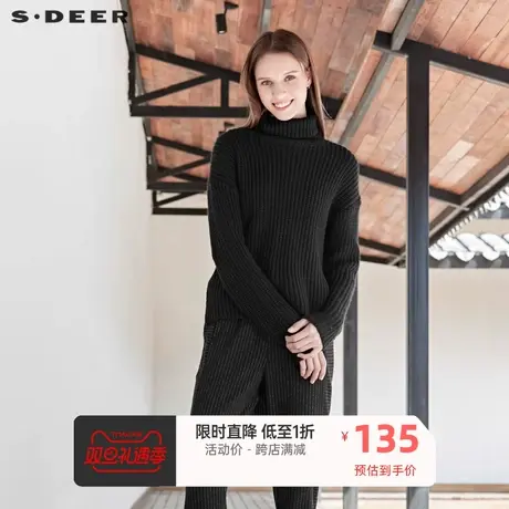 sdeer 圣迪奥女装时尚休闲高领开衩下摆纯黑毛衣S19463507图片