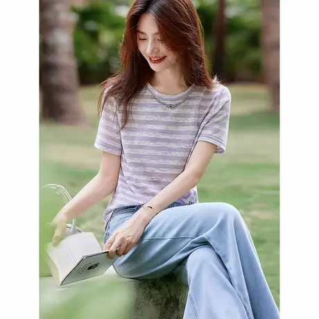 时尚短袖T恤2025年夏季新款女条纹百搭减龄休闲街头通勤套头上衣商品大图