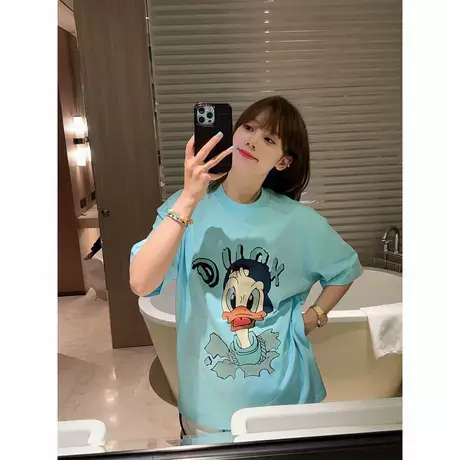 原宿风oversize大码女装宽松bf唐老鸭图案潮牌美式中长款显瘦t恤商品大图
