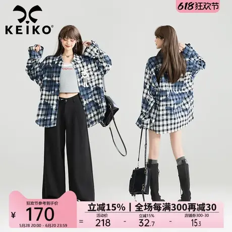 KEIKO [赠兔公仔]晕染黑白格子长袖衬衫春夏美式复古休闲外套上衣图片