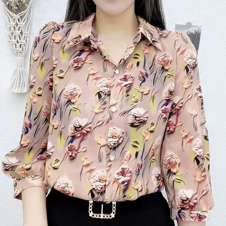 中年妈妈衬衫女夏季印花新款气质七分袖衬衣宽松显瘦时尚洋气小衫商品大图