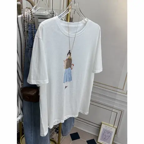 慵懒松弛感t恤女款雪花棉凉感韩系漂亮印花薄款宽松版短袖上衣夏图片