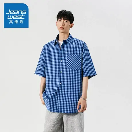 N5真维斯男士短袖衬衫2025夏季潮流时尚格子男生休闲宽松百搭衬衣商品大图