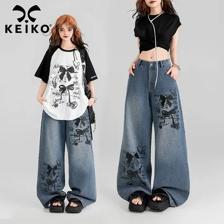 KEIKO 涂鸦印花直筒牛仔裤女夏季复古休闲宽松阔腿拖地长裤子商品大图