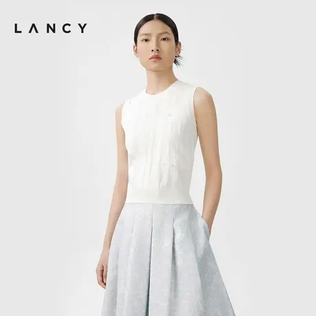 LANCY/朗姿2024夏季新款白色提花纹理无袖圆领法式背心吊带修身图片