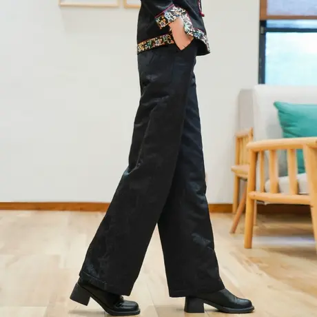 筠雅冬季新款中国风黑色复古改良直筒裤新中式女装休闲裤子24J432商品大图