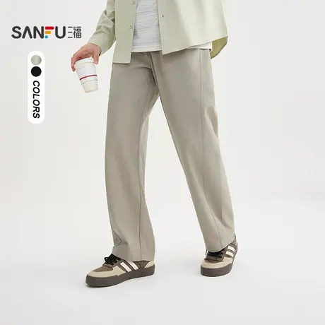 三福2025秋季男士纯色棉麻休闲裤 宽松直筒橡筋腰头长裤506268商品大图