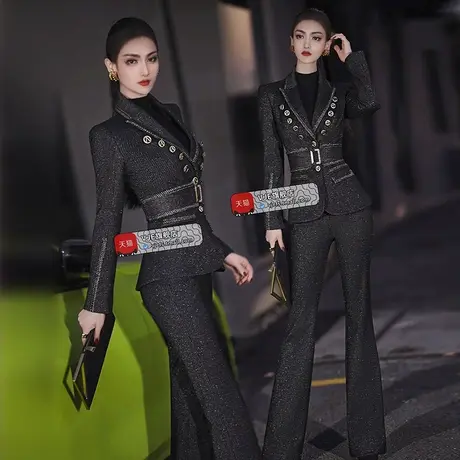 VJE秋冬季高端加厚职业西装套装新款气质外套微喇叭裤两件套商品大图