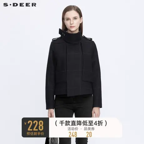 sdeer圣迪奥冬季通勤时尚立领格纹拼接毛呢短款外套女S20482221✂商品大图