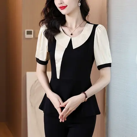 漂亮别致短袖衬衫女2025夏装新款高级感端庄大气时尚娃娃领女上衣商品大图