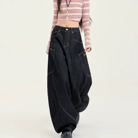 美式黑色工装牛仔裤女春季宽松拖地慵懒bf大口袋阔腿拼接镰刀裤潮图片