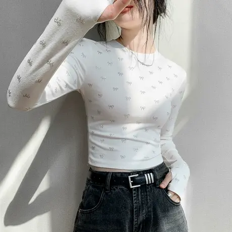 圆领蝴蝶结烫钻指套长袖T恤女夏小众设计感别致修身显瘦正肩上衣商品大图