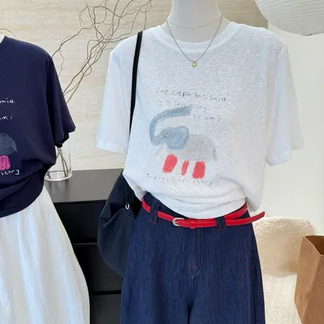 小象卡通涂鸦印花雪花棉短袖t恤女2025夏季新款休闲舒适显瘦上衣商品大图