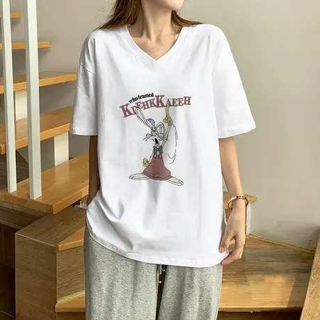 欧美大码国潮古着白色女t恤v领短袖胖mm甜辣上衣设计感小众ins潮商品大图