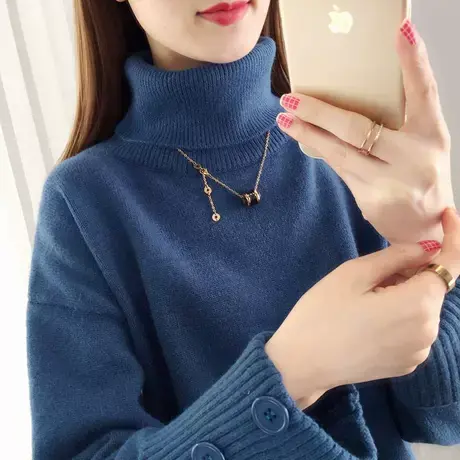 秋冬新款两翻领毛衣女保暖加厚打底衫纯色高领套头针织高档翻袖潮商品大图