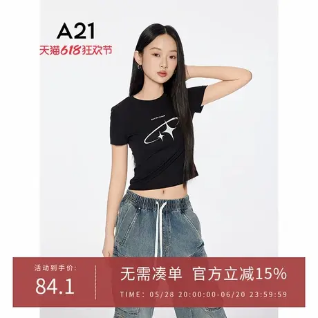 A21女装印花字母圆领短款T恤2025夏新款简约修身显瘦微弹短袖上衣商品大图
