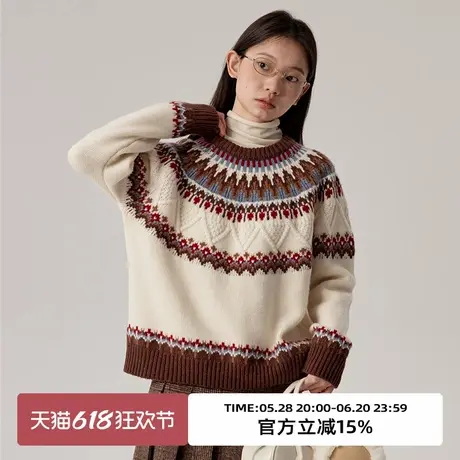 omont蛋挞家100%羊毛复古费尔岛圆领毛衣冬季慵懒小众针织衫商品大图