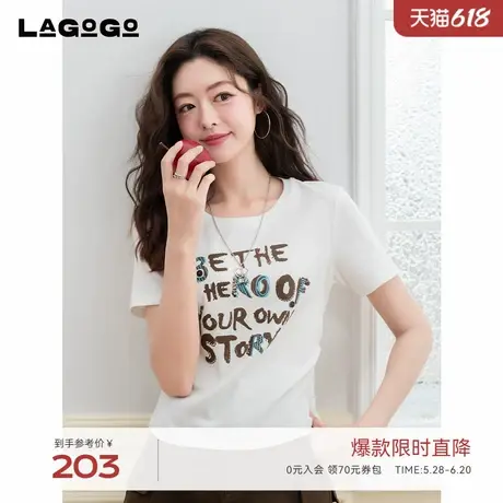 LAGOGO字母亮片白色舒适T恤女拉谷谷2025年夏季新款收腰显瘦短袖商品大图