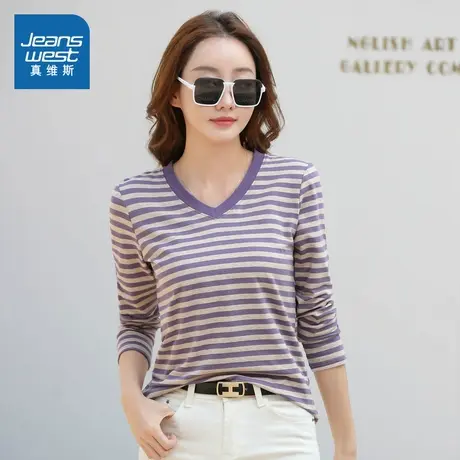 VO真维斯女装2025秋季新款 复古条纹V领打底衫宽松百搭短袖上衣商品大图