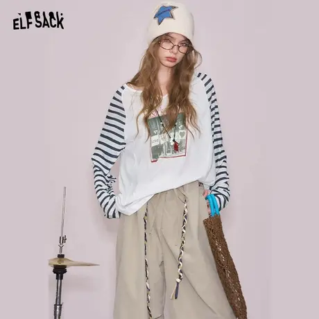 妖精的口袋条纹插肩印花长袖t恤女2025夏新款慵懒风空调薄款罩衫图片