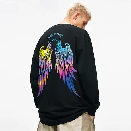 木村三社SANSYAS反光翅膀印花纯棉美式潮牌长袖t打底上衣商品大图