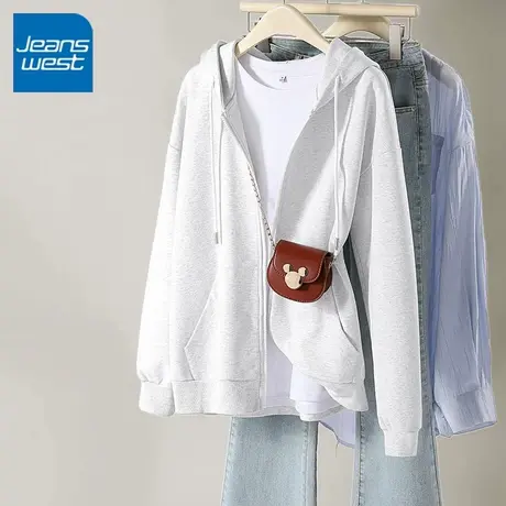 KV真维斯灰色连帽卫衣女2024年秋季宽松慵懒风拉链薄款开衫外套女商品大图