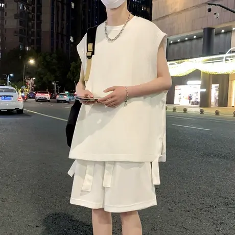 休闲运动套装男夏季冰丝坎肩背心男穿搭一整套无袖t恤高级感衣服图片