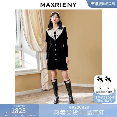 MAXRIENY法式赫本丝绒小黑裙秋季连衣裙蝴蝶结商品大图