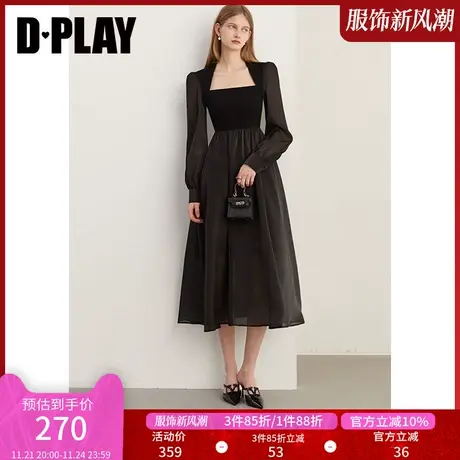 DPLAY冬法式复古美背方领针梭拼接经典黑连衣裙小黑裙轻礼服图片