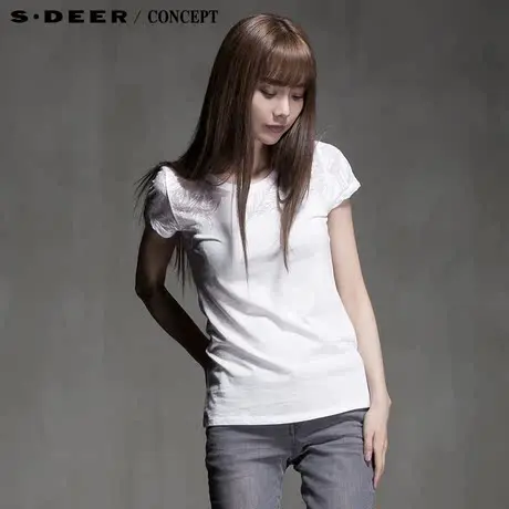 sdeer圣迪奥专柜正品女装夏装愫白透视植物印花短袖T恤5280127图片