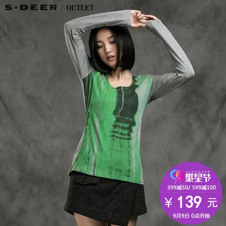 sdeer圣迪奥女装冬装翠绿墨黑撞色印花长袖棉纺打底T恤S15480204图片
