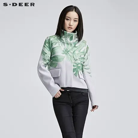 sdeer圣迪奥女装2018冬装鲜艳印象主义植物印花短款外套S16482217图片