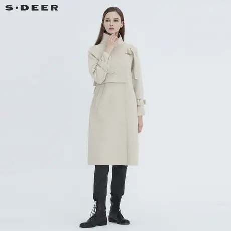 sdeer圣迪奥休闲立领拼接插袋收腰米白色长款毛呢大衣女S20461804图片