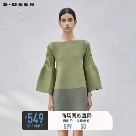 sdeer圣迪奥女装时尚圆领撞色拼接喇叭袖针织衫S23383507图片