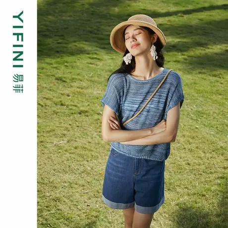 [专柜同款]Yifini/易菲百搭通勤短裤女夏装新款翻边牛仔裤商品大图