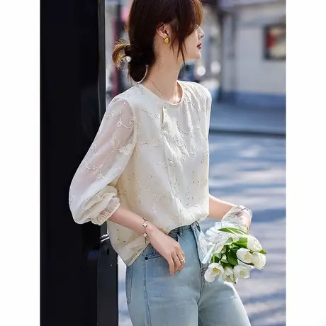 时尚气质衬衫2025年夏季新款女重工刺绣圆领薄款温柔百搭淑女上衣商品大图