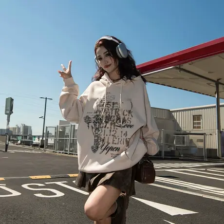 YEP复古印花连帽卫衣女春秋2025新款美式复古帽衫宽松长袖外套潮商品大图