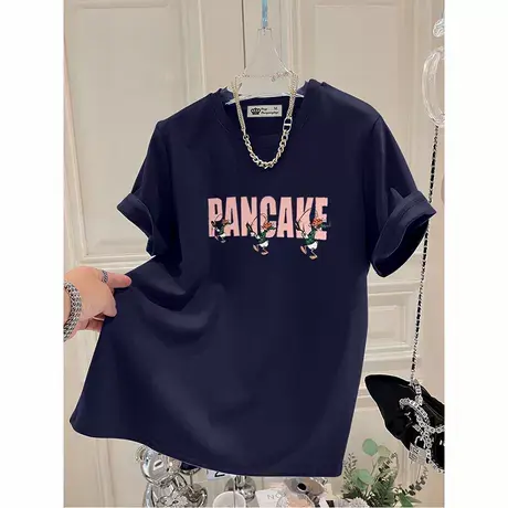 藏蓝色短袖宽松纯棉2025夏季卡通t恤女新款欧货字母小众圆领上衣图片