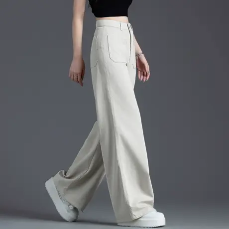 卡其绿色天丝牛仔裤女2025新款夏季薄款休闲裤子窄版直筒裤阔腿裤商品大图