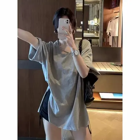灰色U领正肩短袖T恤女夏季宽松韩版内搭打底衫外穿纯棉半袖上衣潮商品大图