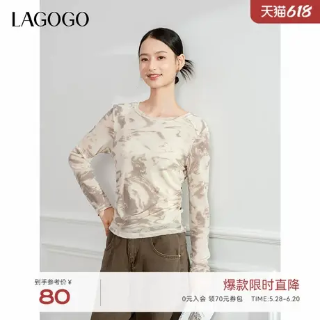 LAGOGO舒适百搭设计感雪纺衫女拉谷谷2024春秋新款抽褶收腰T恤商品大图