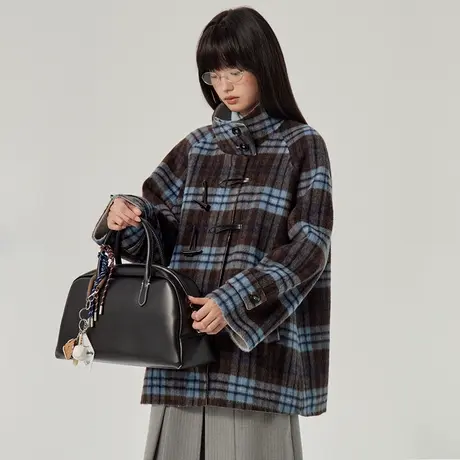 omont蛋挞家 羊驼毛混纺双面呢外套2025春季立领中长款格纹大衣图片