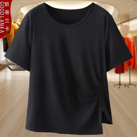 中年妈妈夏季短袖T恤宽松遮肉加肥加大码设计感开叉褶皱正肩上衣商品大图