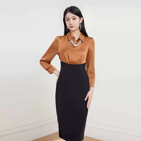 希区瑞普法式气质假两件简约领结撞色拼接修身职业衬衫连衣裙商品大图