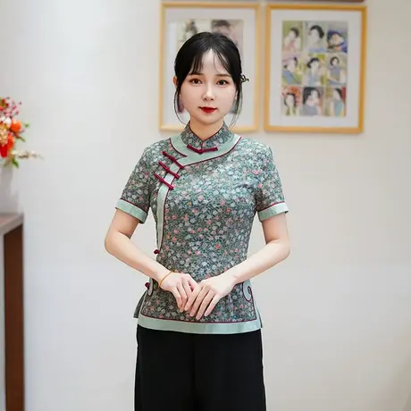 筠雅夏季新款复古改良新中式唐装上衣女有色斜襟短袖居士服25J195图片