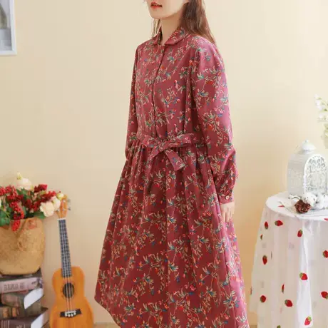 胖妹妹2025秋装复古灯芯绒花朵连衣裙 大码文艺图片