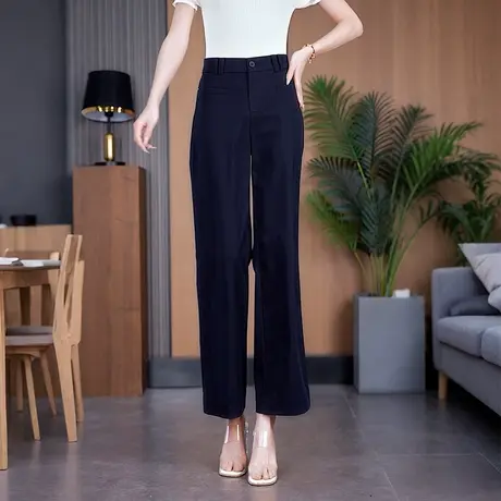 藏青色薄款天丝棉九分直筒裤女夏季高腰阔腿显瘦舒适窄版休闲裤商品大图