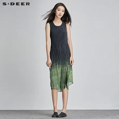 s.deer【新品】圣迪奥女夏装现代印象派绿意碎褶连衣裙S16281210商品大图