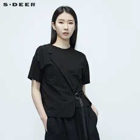 sdeer圣迪奥女装夏装条纹西装拼接飘带短袖T恤S20280117🔓商品大图